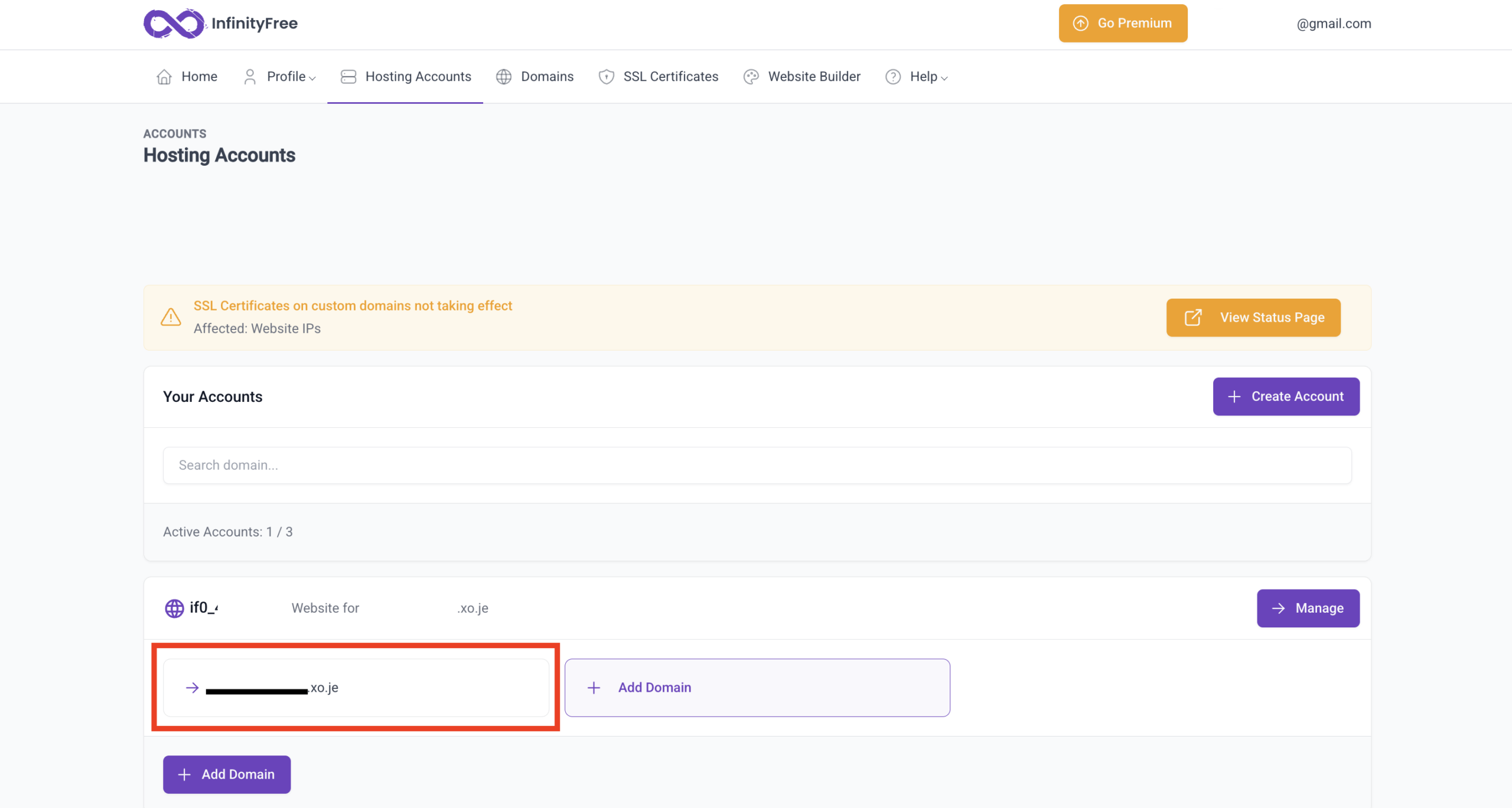 InfinityFreeのHosting Accounts画面でドメインを選択する場所