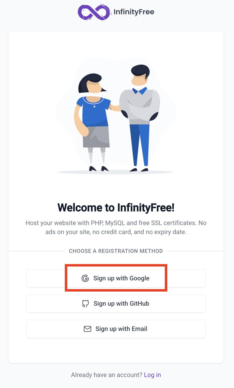 InfinityFreeのアカウント登録画面