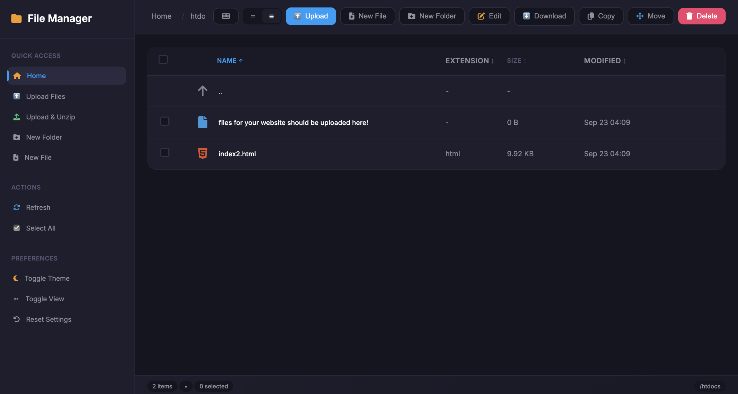 InfinityFreeのFile Managerを開いた画面