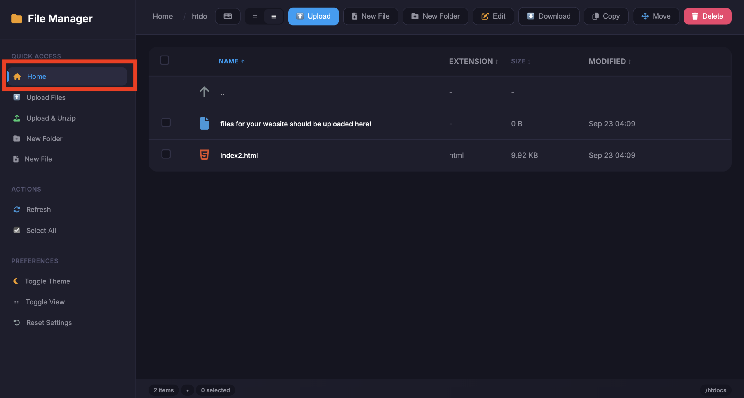 InfinityFreeのFile ManagerでHomeをクリックする場所