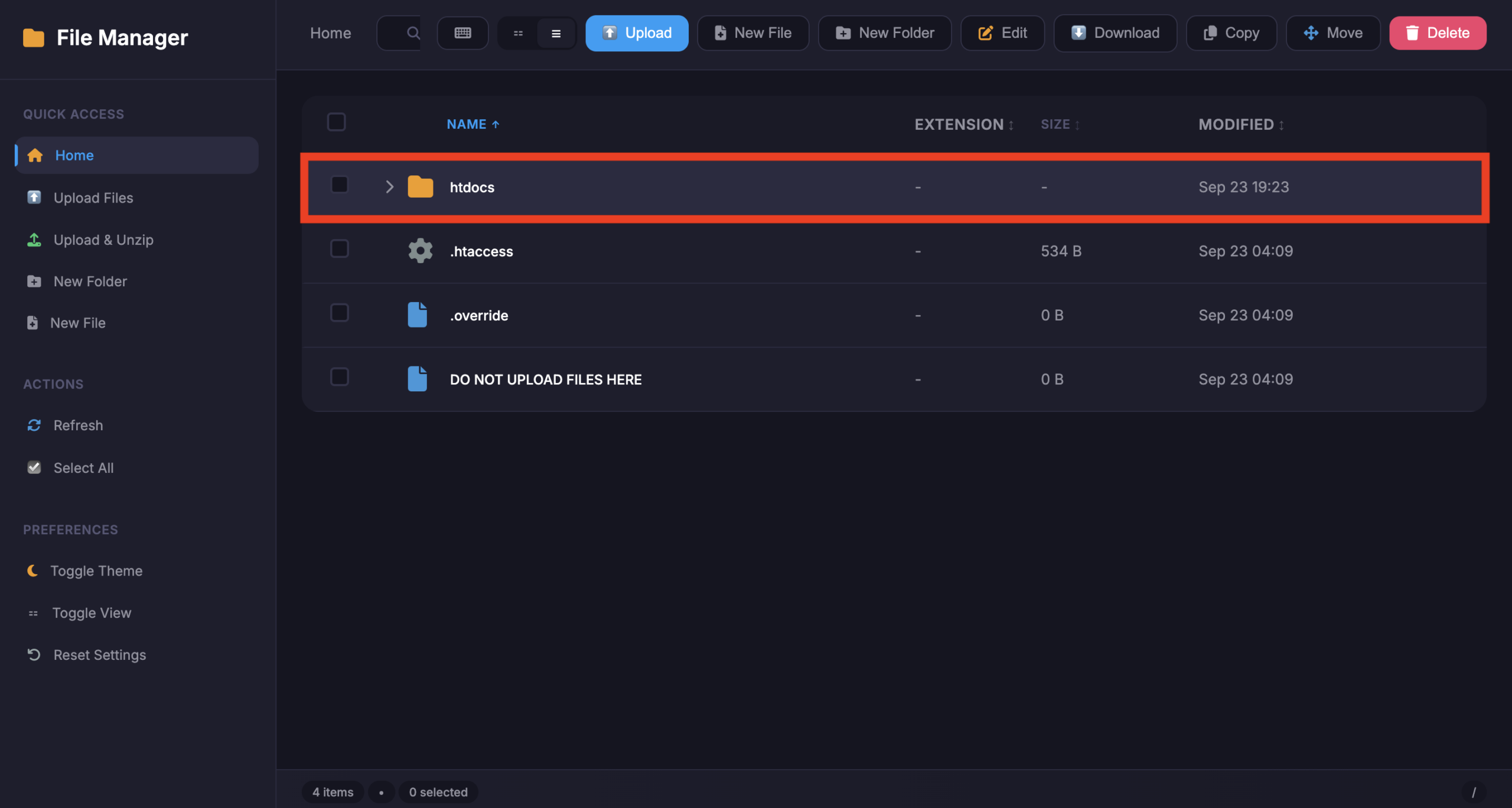 InfinityFreeのFile Managerでhtdocsフォルダを開く場所