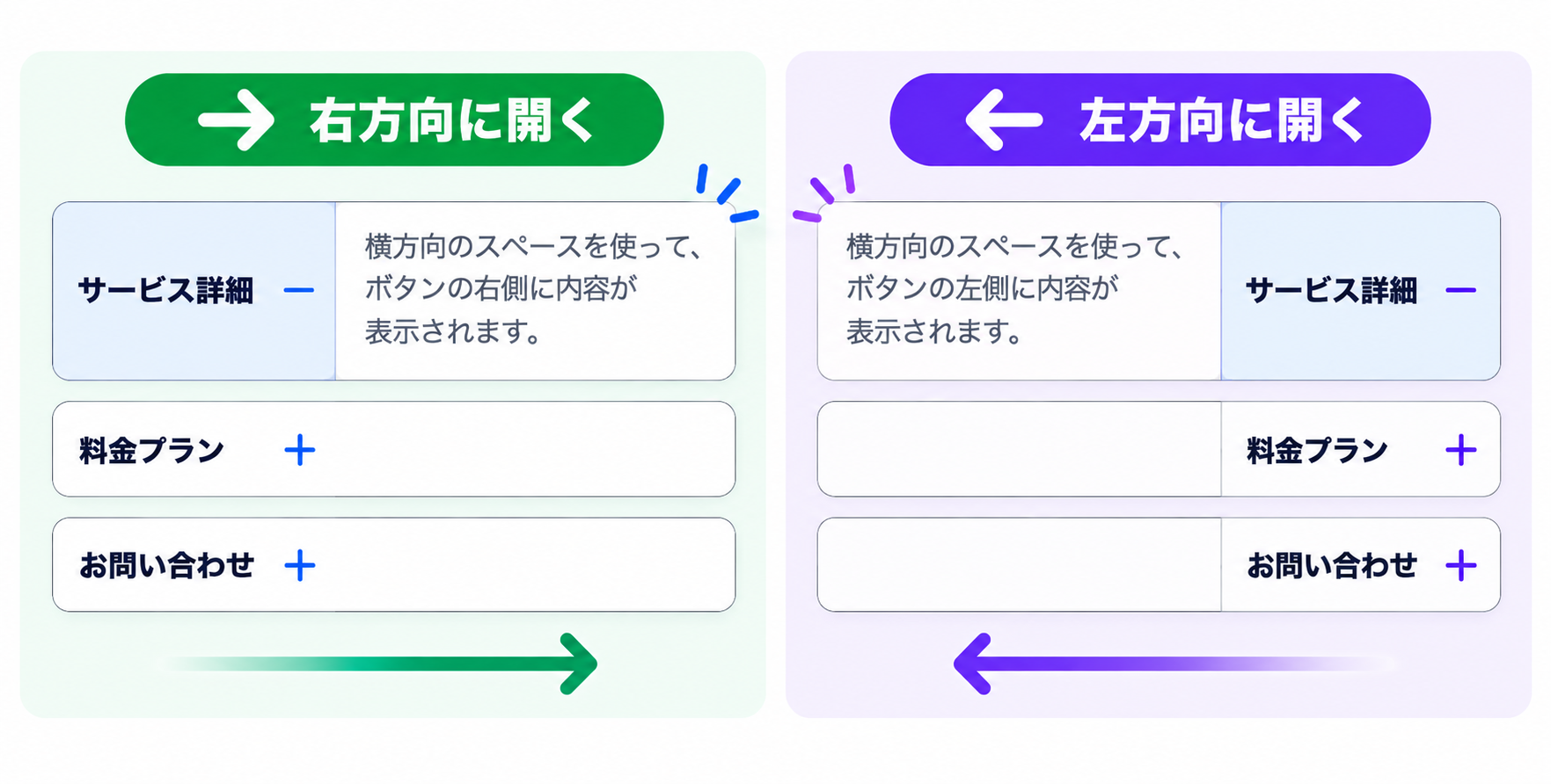 右方向と左方向に開くアコーディオンの比較。右方向はボタンの右側、左方向はボタンの左側に内容が表示される